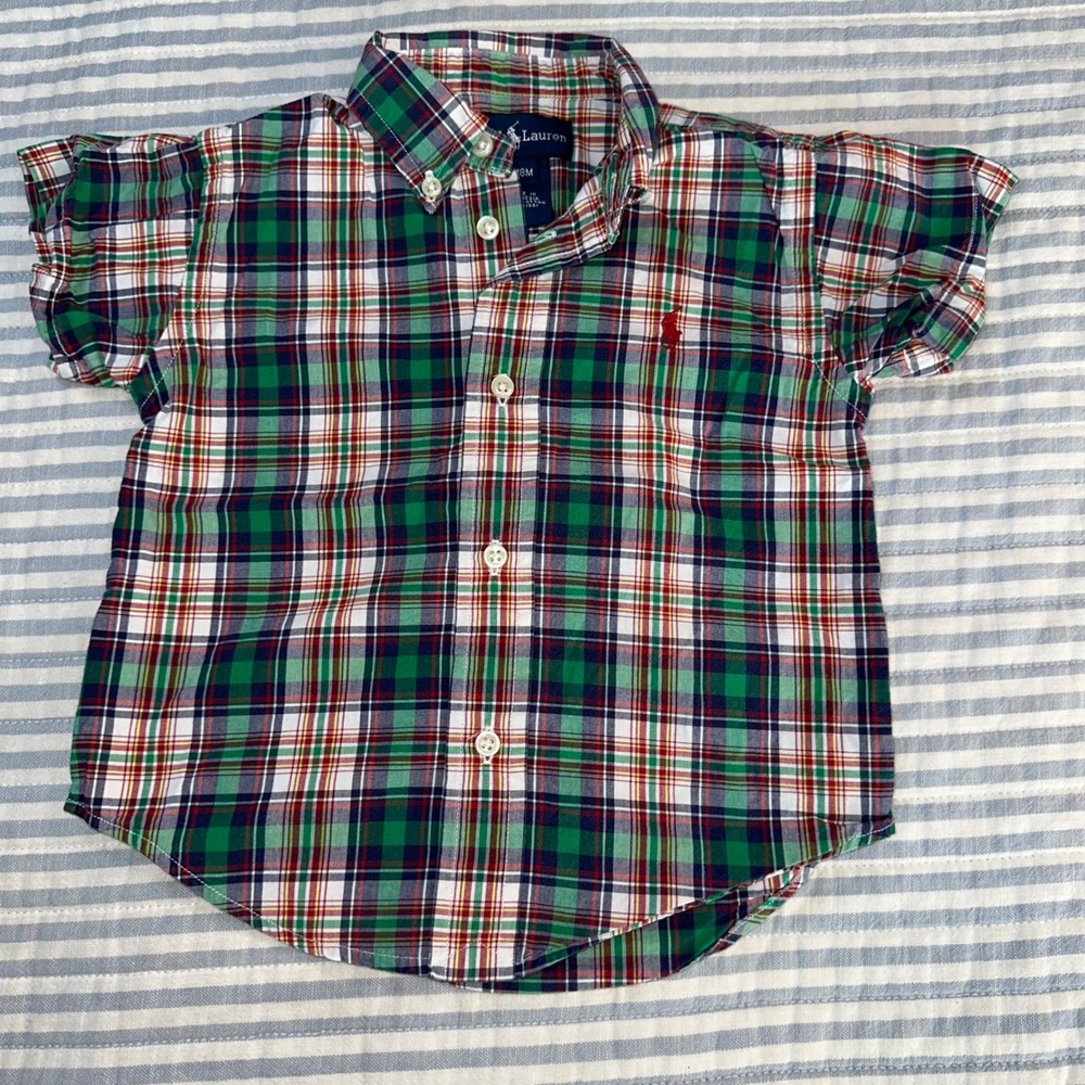 Ralph Lauren Boys 18M Green Plaid Short‎ Sleeve Button Down Shirt 320059053